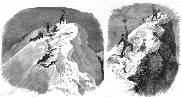 Tekening van de eerste topbeklimming van de Matterhorn in 1865