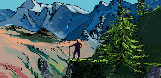 Animatie afbeelding met een man die voor een berg staat