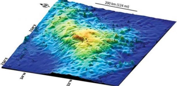 Kaart: William Sager. 3-D kaart van het Tamu Massief