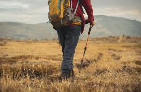 een wandelaar met wandelstokken in een grasveld 